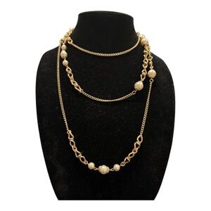 Vintage Crown Trifari 60″ Faux Pearl + Gold-Tone Textured Chain Necklace J15